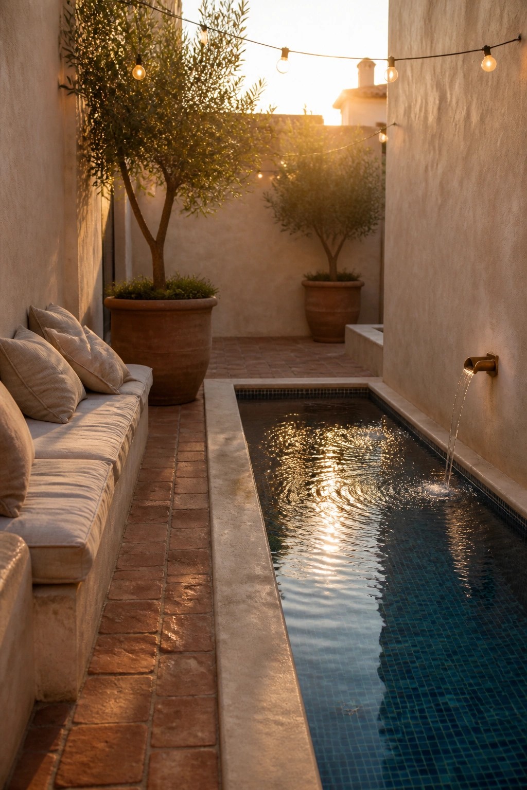 A narrow rectangular pool with blue mosaic tiles runs beside a stucco wall with a brass spout, opposite a built-in bench with beige cushions, potted trees, and string lights overhead.