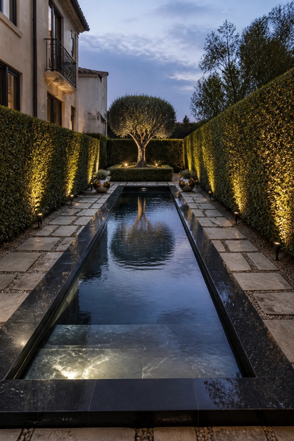 Illuminated rectangular reflecting pool amid glowing hedges and stone paths at dusk