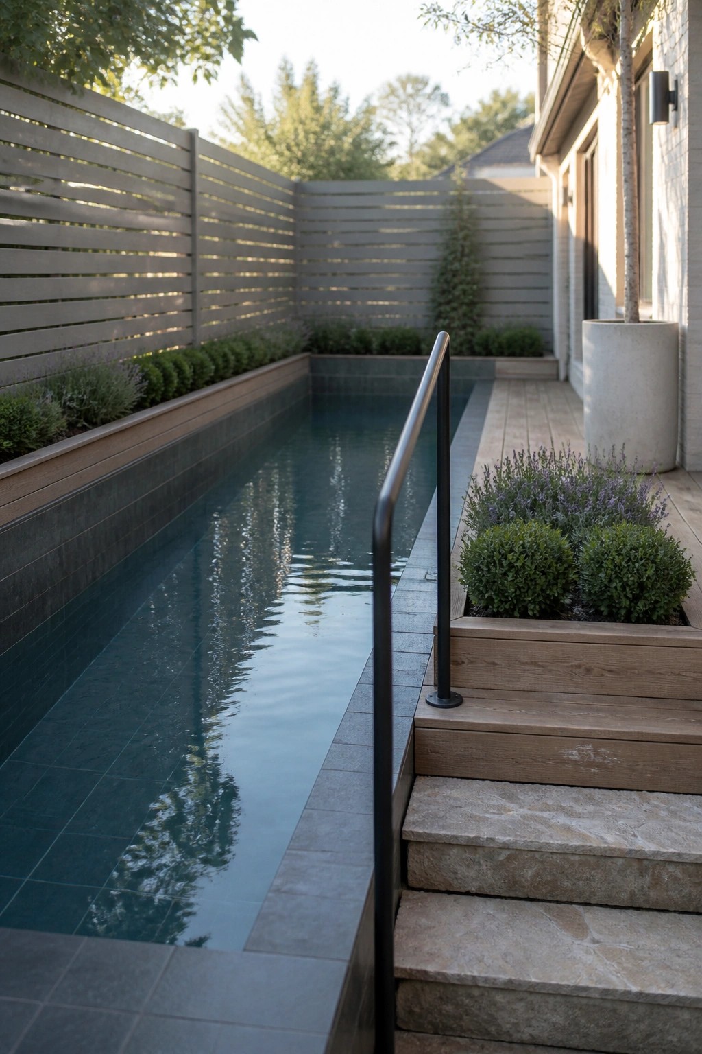 Narrow lap pool with black handrail beside wooden deck, stairs and planters.