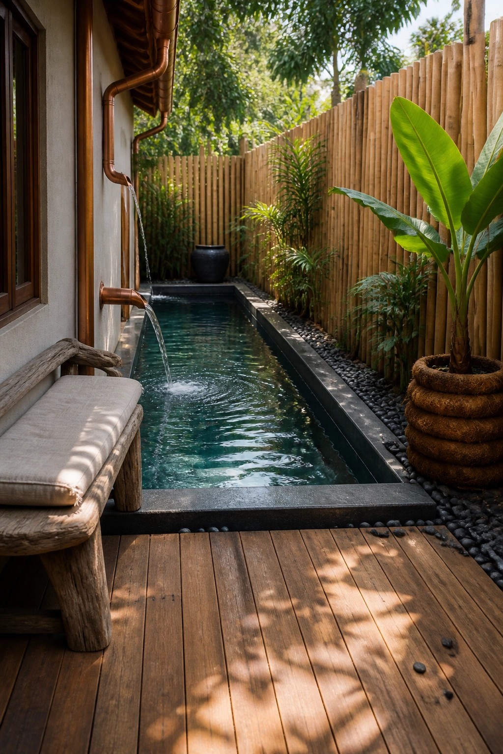 A narrow rectangular lap pool runs alongside a house wall with copper water spouts, a wooden deck in front, and a bamboo fence with potted plants on the far side.