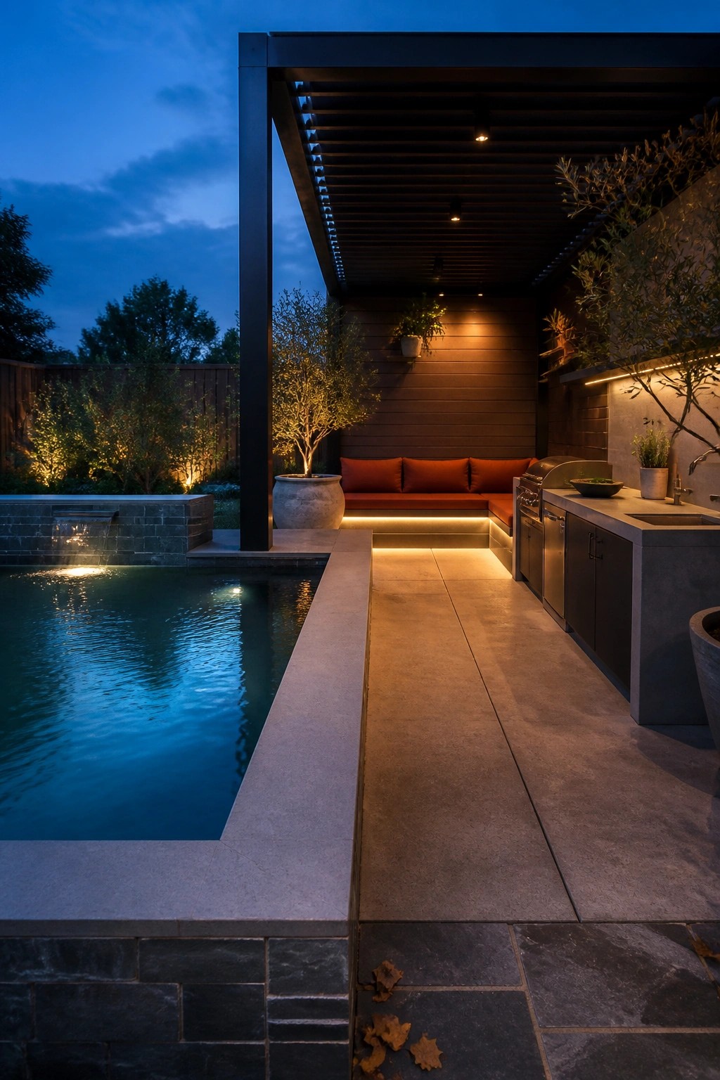 A narrow rectangular pool runs alongside a concrete patio with an outdoor kitchen, built-in bench seating, and overhead structure at dusk.