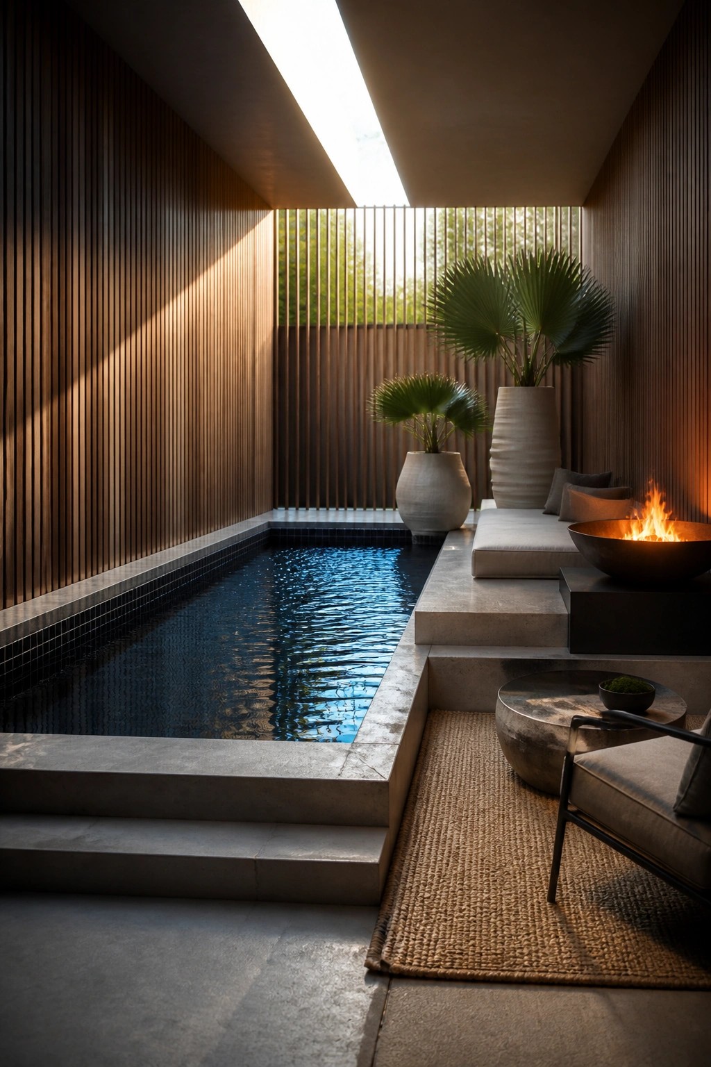 A long narrow pool with blue water runs along wood-paneled walls in a small courtyard, with concrete steps, a fire pit bowl, cushioned seating, woven rug, and large potted palms.