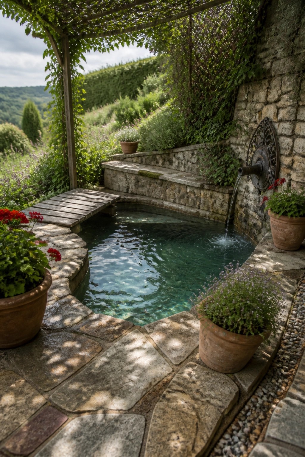 A small stone-edged pool with water flowing from a metal spout mounted on a stone wall, surrounded by terracotta pots and a short wooden platform.