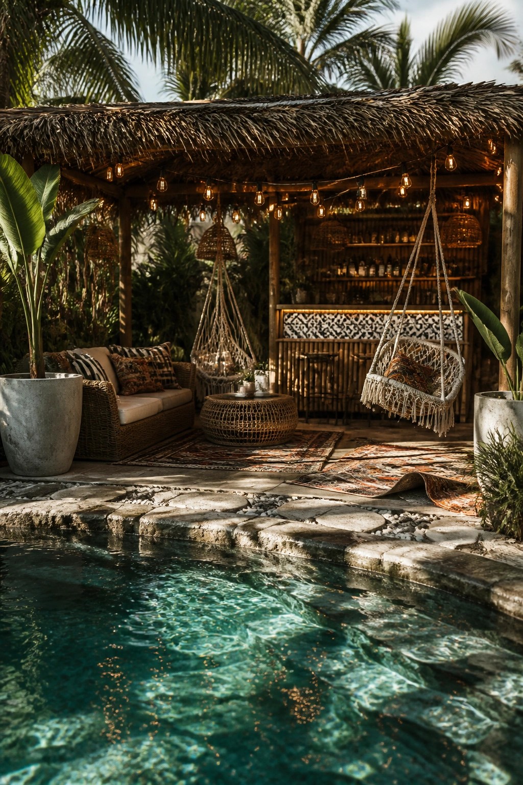 21 Elegant Backyard Pool Cabana Ideas Designed for Relaxing and Entertaining A thatched roof cabana beside a swimming pool with string lights, hanging chairs, a bar area, and potted plants.
