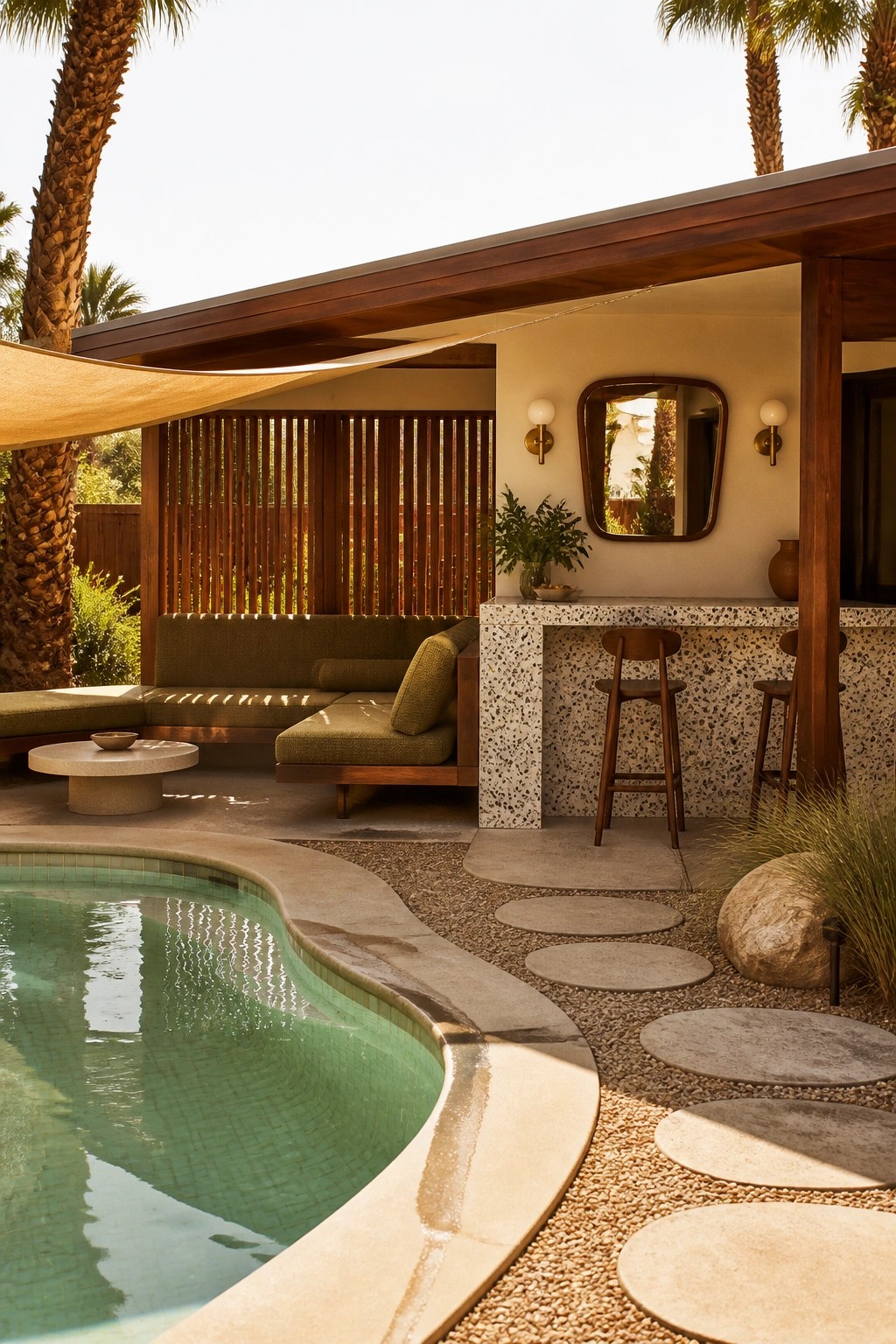 21 Elegant Backyard Pool Cabana Ideas Designed for Relaxing and Entertaining Modern poolside patio with curved pool, green lounge seating, terrazzo bar, and stepping stones.