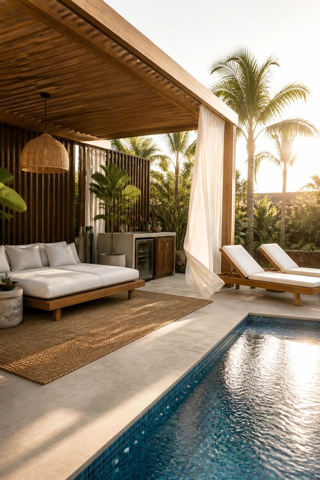 21 Elegant Backyard Pool Cabana Ideas Designed for Relaxing and Entertaining Tropical poolside patio with wooden lounge chairs, daybed, outdoor kitchen, and palm trees at sunset