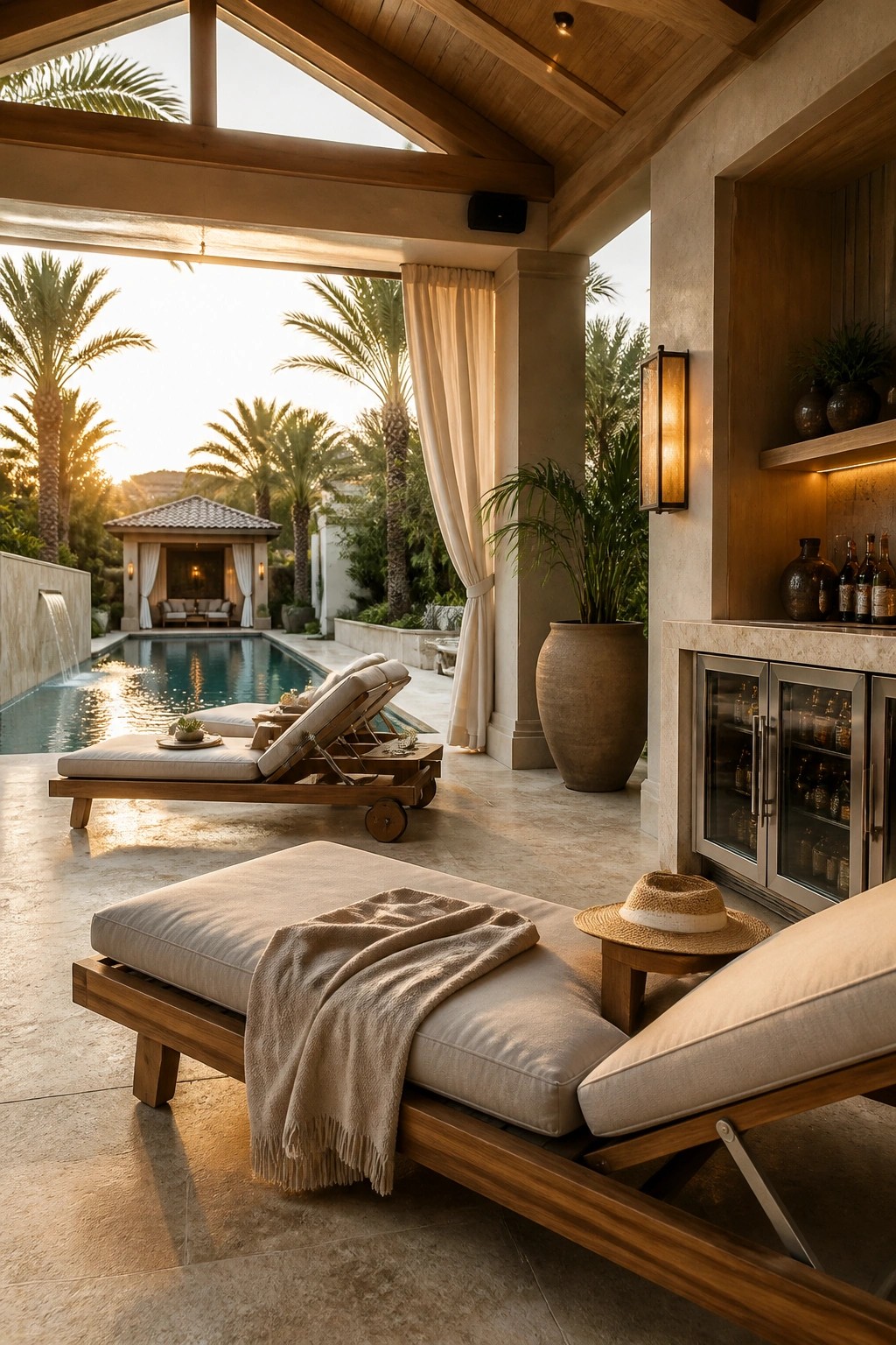 21 Elegant Backyard Pool Cabana Ideas Designed for Relaxing and Entertaining Luxury patio with wooden chaise lounges, pool, and palm trees at sunset