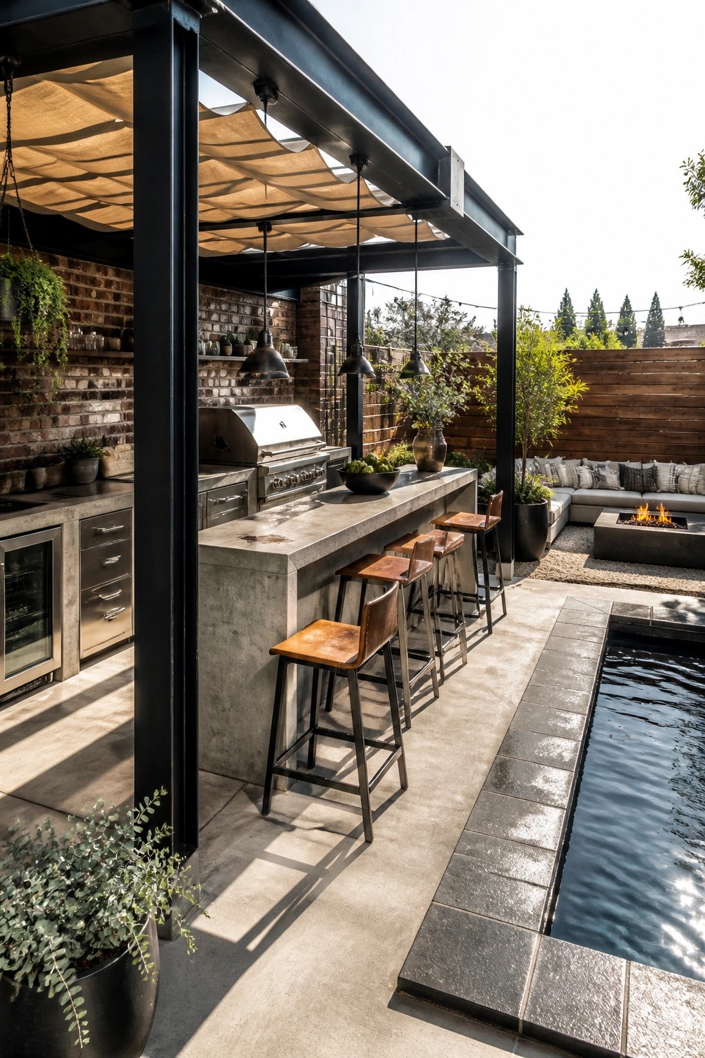 21 Elegant Backyard Pool Cabana Ideas Designed for Relaxing and Entertaining Outdoor kitchen with concrete bar counter, four brown leather stools, stainless grill, and pool visible to the right under a metal shade structure.