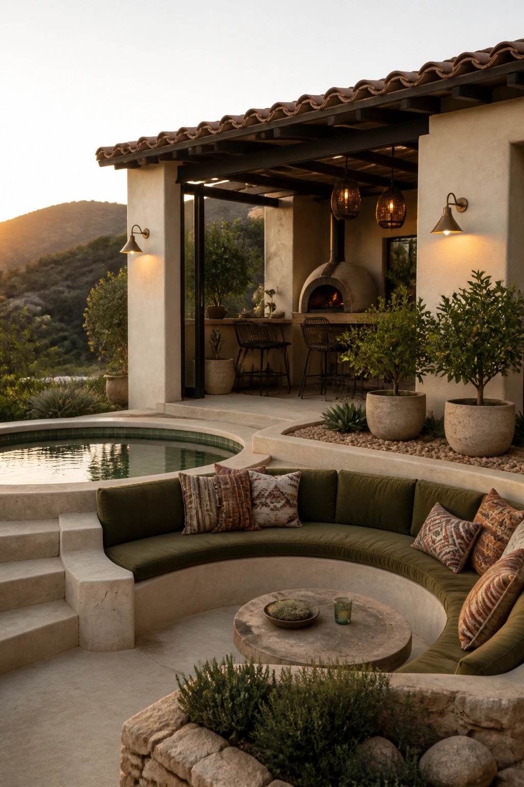 21 Elegant Backyard Pool Cabana Ideas Designed for Relaxing and Entertaining Curved green sofa with pillows around stone table beside pool and pizza oven at sunset