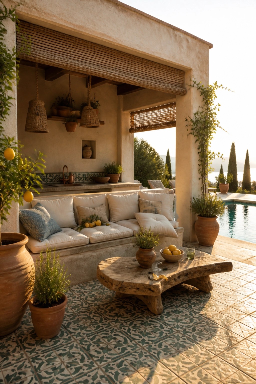 21 Elegant Backyard Pool Cabana Ideas Designed for Relaxing and Entertaining A covered outdoor cabana with built-in cushioned seating, a rustic wooden coffee table on patterned tile, potted plants, and a pool visible nearby.