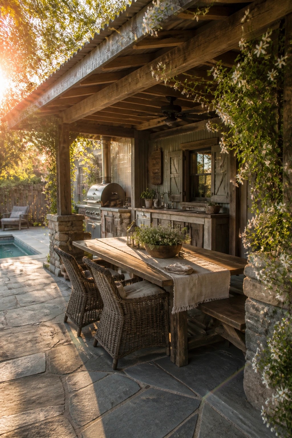 21 Elegant Backyard Pool Cabana Ideas Designed for Relaxing and Entertaining A rustic wooden outdoor kitchen with a grill and stone counters sits under a covered porch next to a long dining table with woven chairs on a stone patio beside a pool.