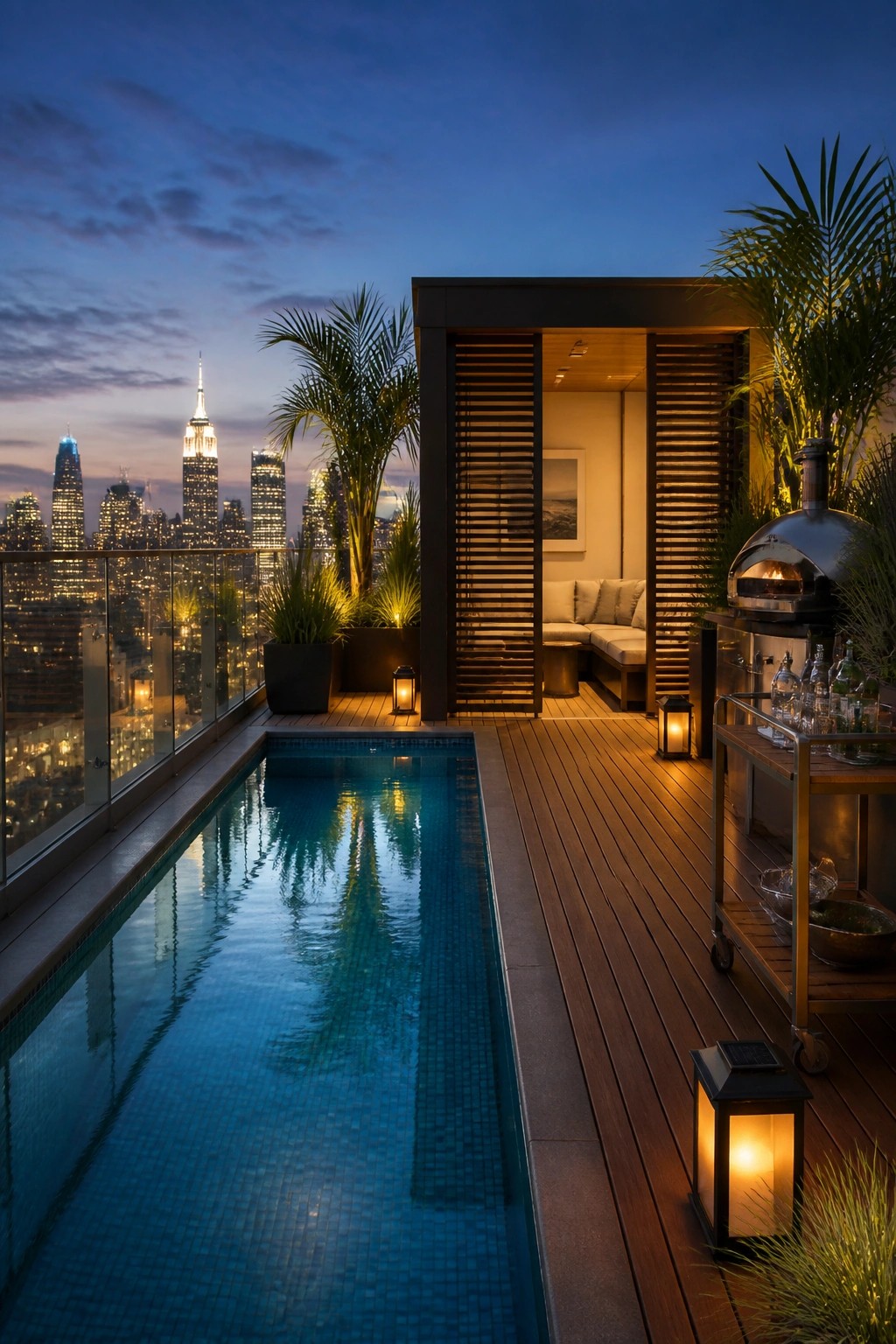 21 Elegant Backyard Pool Cabana Ideas Designed for Relaxing and Entertaining A modern rooftop deck at dusk shows a long pool beside a dark wood cabana with vertical slats, built-in seating, an outdoor pizza oven on a cart, and potted plants overlooking a lit city skyline.