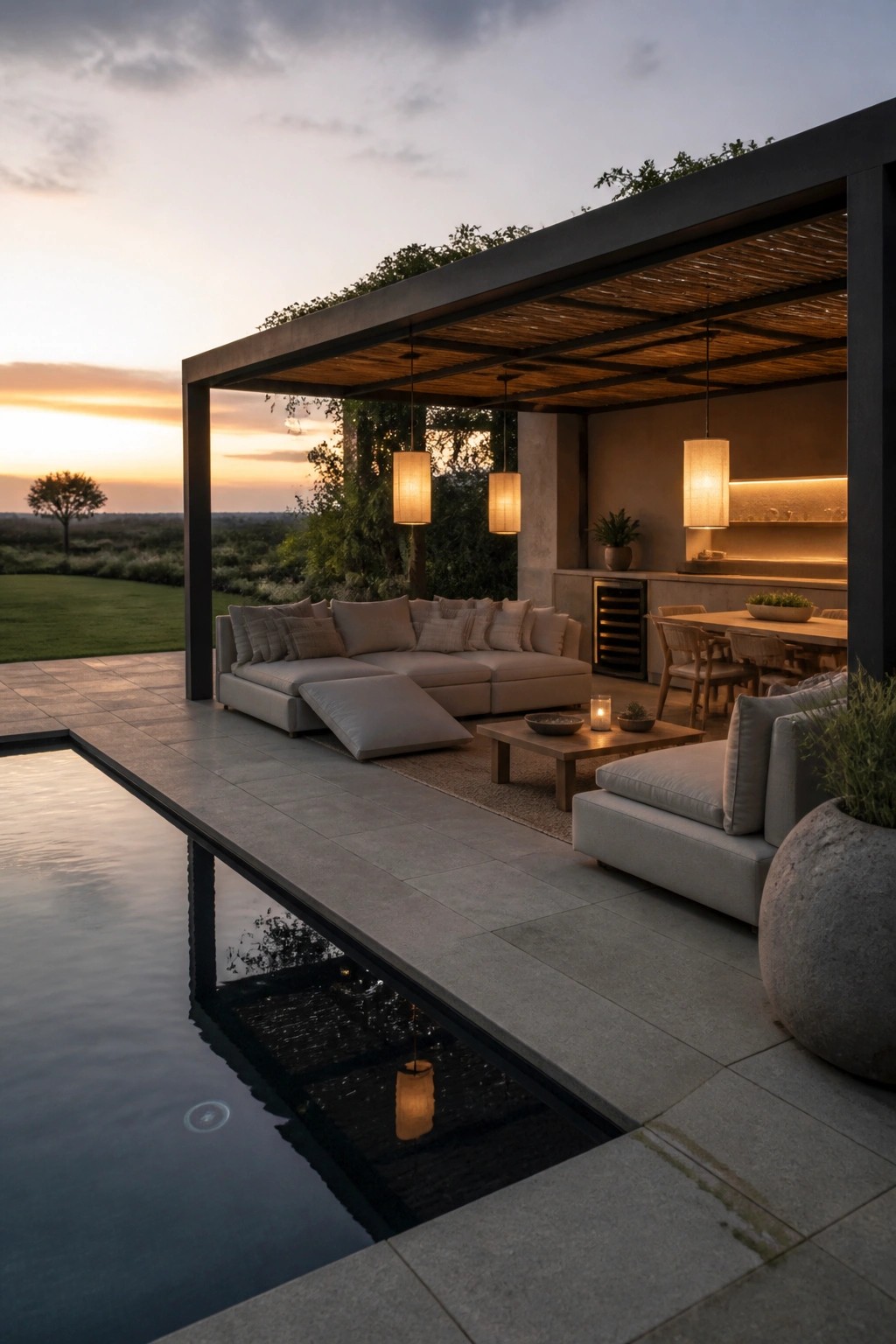21 Elegant Backyard Pool Cabana Ideas Designed for Relaxing and Entertaining A modern covered outdoor pavilion with sectional seating, a dining table, and hanging lanterns beside a pool at dusk.