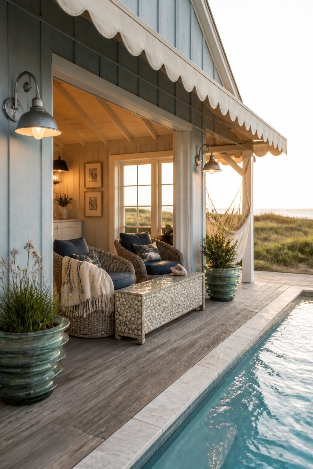 21 Elegant Backyard Pool Cabana Ideas Designed for Relaxing and Entertaining A wooden pool deck with wicker chairs and a stone bench under a covered porch attached to a light blue house, next to a swimming pool.