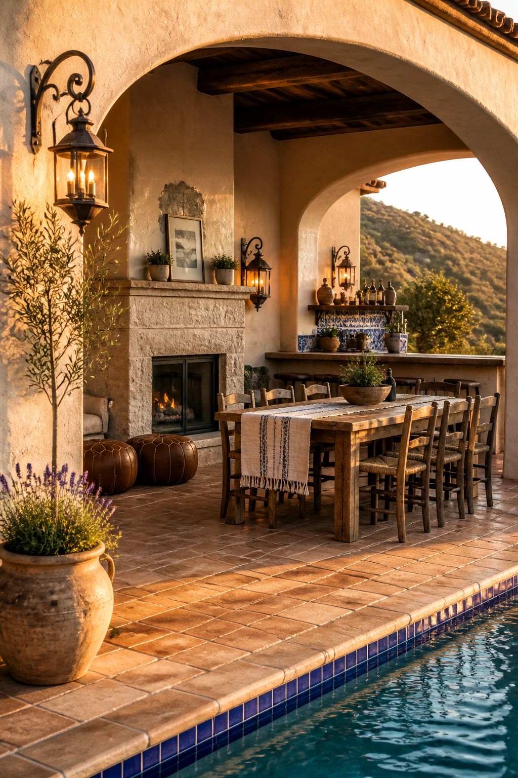 21 Elegant Backyard Pool Cabana Ideas Designed for Relaxing and Entertaining A covered outdoor patio features a long wooden dining table with woven chairs positioned at the edge of a swimming pool, with a stone fireplace and potted plants visible under arched openings.