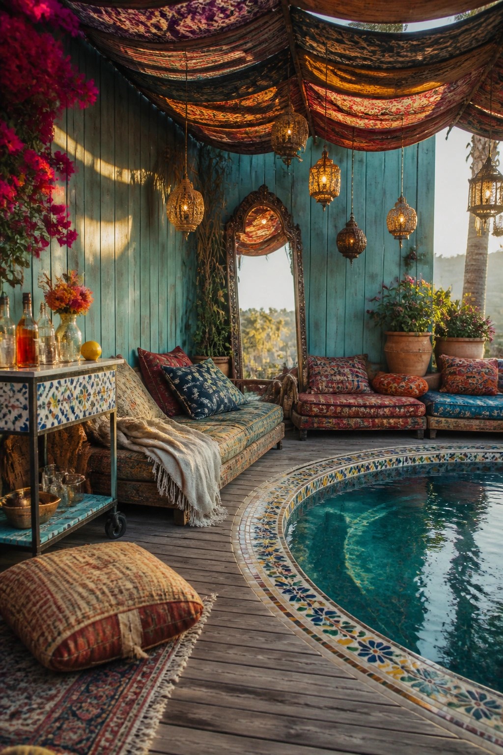 21 Elegant Backyard Pool Cabana Ideas Designed for Relaxing and Entertaining Bohemian lounge with hanging lanterns, patterned pillows, mosaic pool on wooden deck