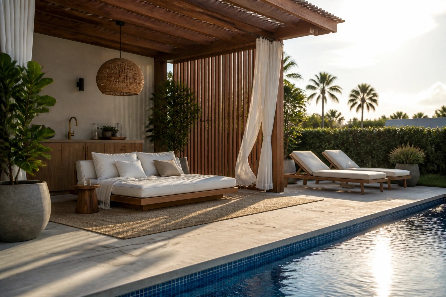 Tropical poolside patio with wooden lounge chairs, daybed, outdoor kitchen, and palm trees at sunset