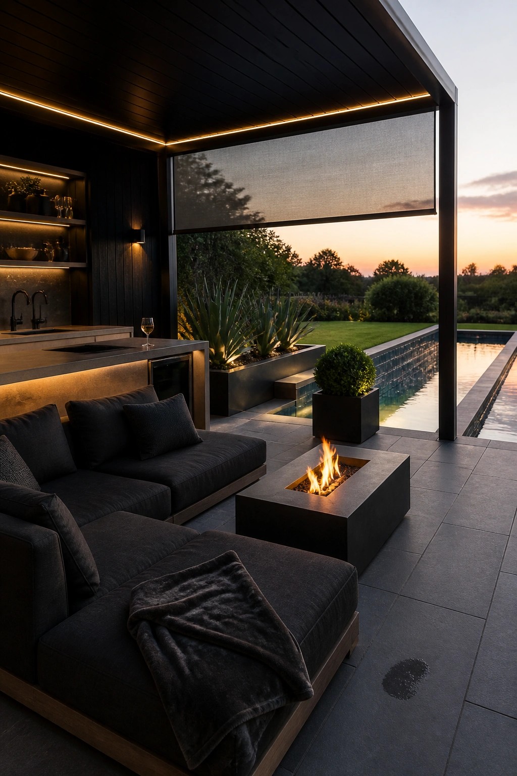 21 Elegant Backyard Pool Cabana Ideas Designed for Relaxing and Entertaining A modern outdoor cabana with dark sectional seating, a square fire pit, and a built-in kitchen area next to a swimming pool at sunset.