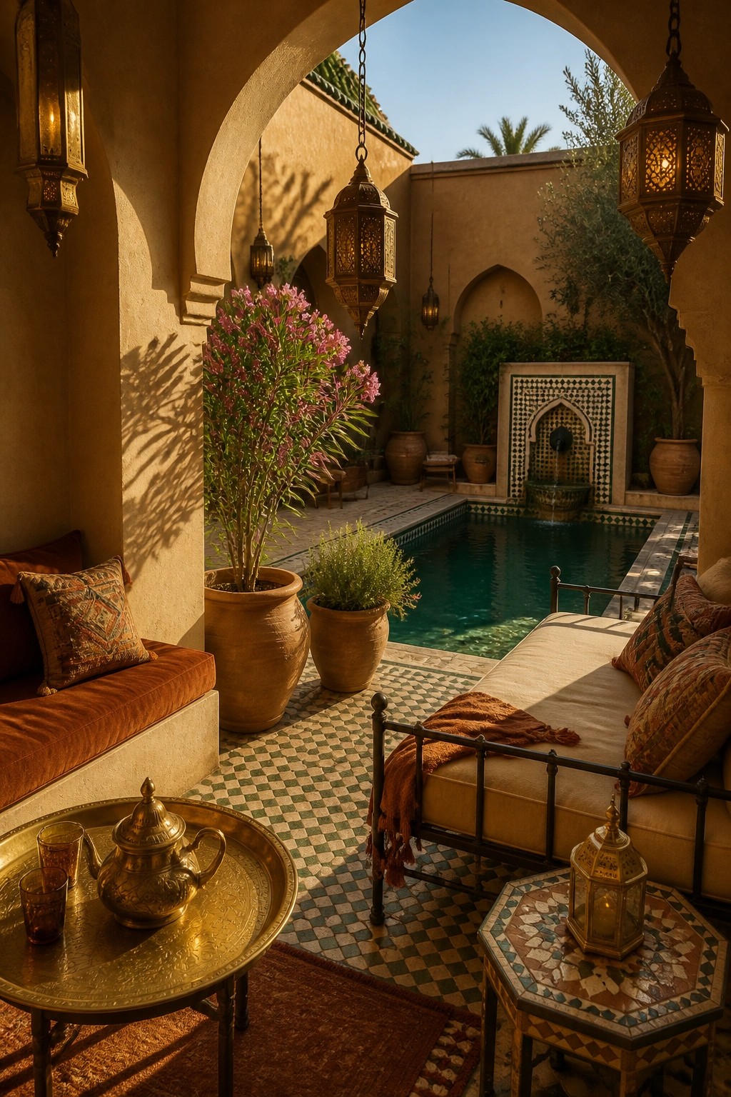 21 Elegant Backyard Pool Cabana Ideas Designed for Relaxing and Entertaining A shaded courtyard pool area with a daybed, hanging metal lanterns, potted plants, and tiled flooring under arched openings.