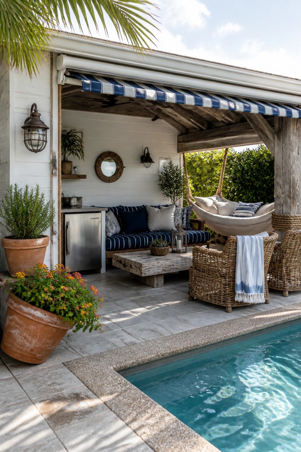 21 Elegant Backyard Pool Cabana Ideas Designed for Relaxing and Entertaining Poolside patio with blue striped awning, wicker chairs, hammock, and potted plants