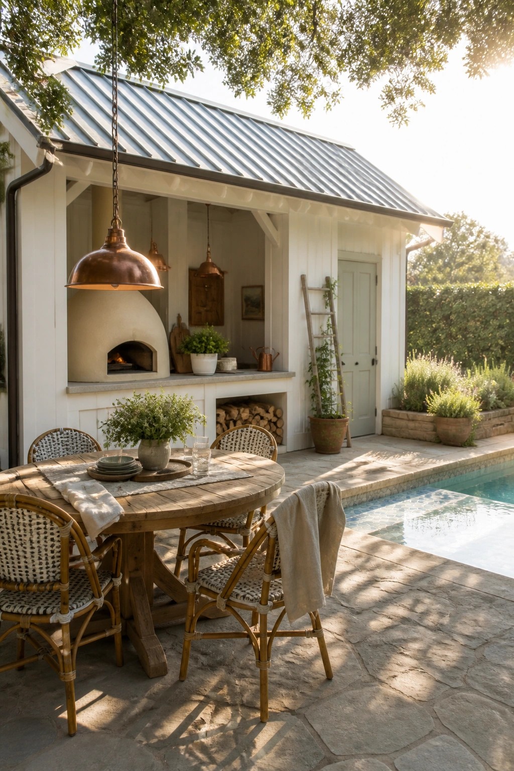21 Elegant Backyard Pool Cabana Ideas Designed for Relaxing and Entertaining A round wooden dining table with woven chairs sits on a stone patio beside a swimming pool, with a white cabana containing a pizza oven visible behind it.