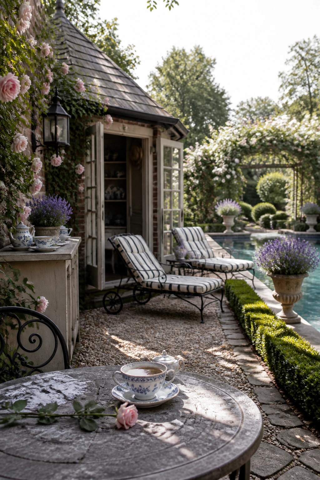 21 Elegant Backyard Pool Cabana Ideas Designed for Relaxing and Entertaining A small brick poolside building with open doors, two black-framed lounge chairs with striped cushions, a round stone table holding a teacup and teapot, and a swimming pool lined with potted lavender and hedges.