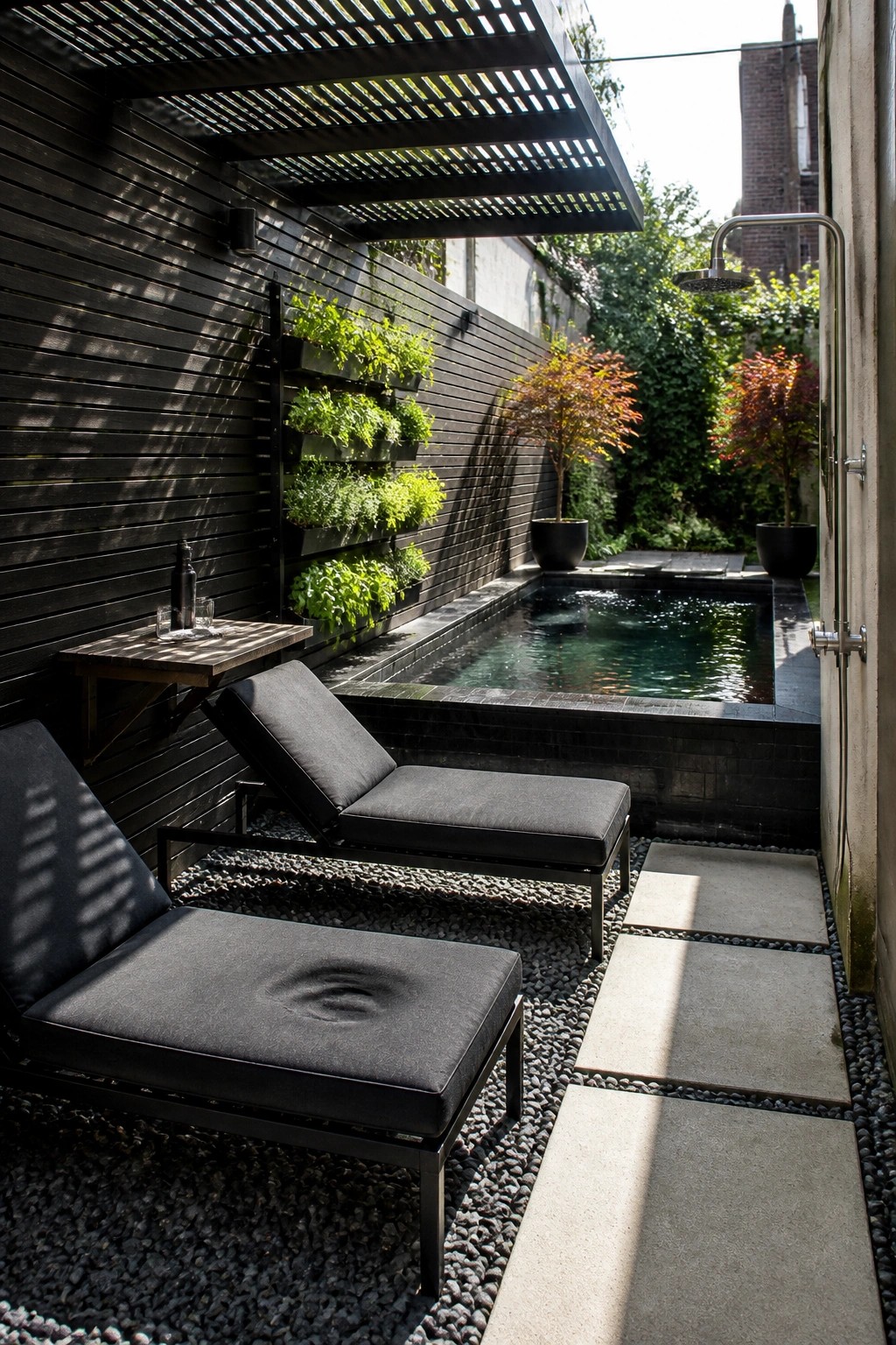 21 Elegant Backyard Pool Cabana Ideas Designed for Relaxing and Entertaining Modern patio with plunge pool, black lounge chairs, vertical garden, and outdoor shower.