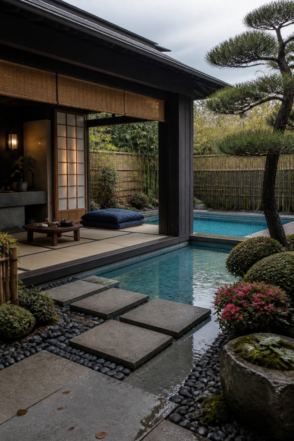 21 Elegant Backyard Pool Cabana Ideas Designed for Relaxing and Entertaining A Japanese-style wooden cabana with tatami flooring and open shoji doors sits beside a rectangular pool, connected by a series of large concrete stepping stones set across the water with surrounding garden beds and trees.