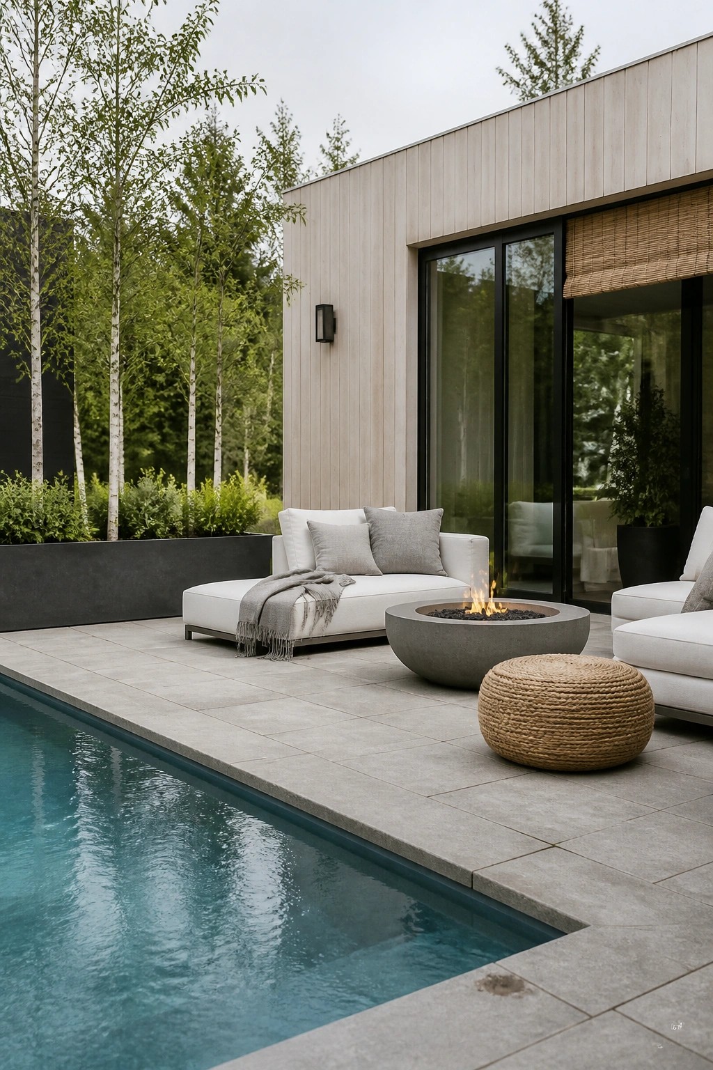 21 Elegant Backyard Pool Cabana Ideas Designed for Relaxing and Entertaining A modern backyard pool area with gray tiled patio, white outdoor sofas, round concrete fire pit, and a house with large glass doors in the background.
