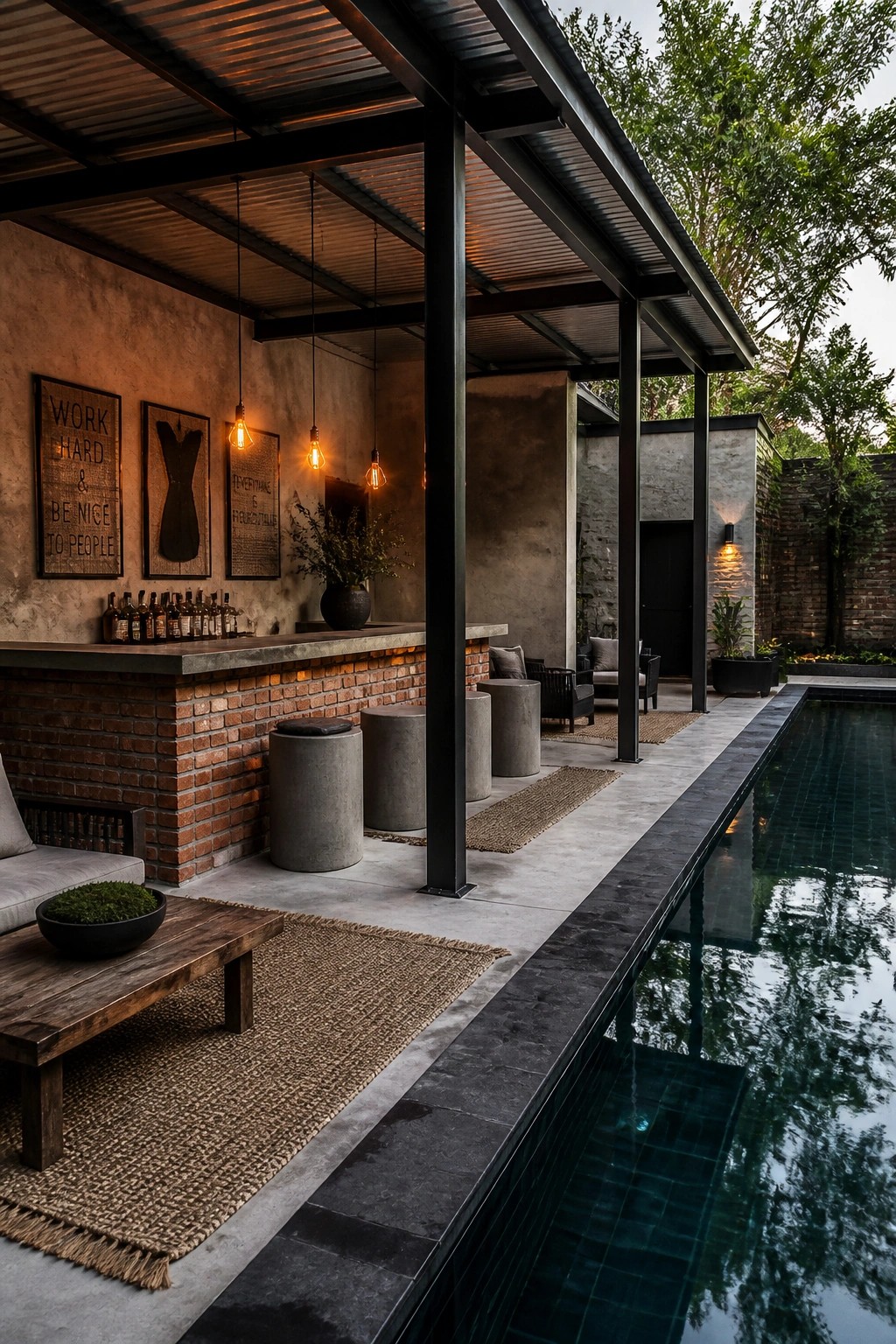 Modern outdoor bar with brick counter, concrete stools, hanging lights, and pool.
