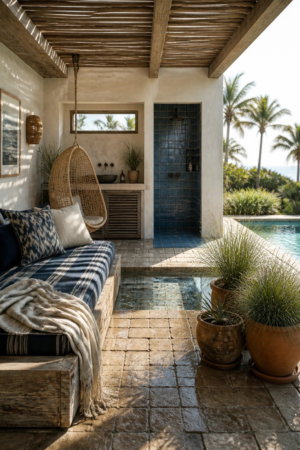 An outdoor poolside space with a wooden slatted ceiling, hanging wicker chair, built-in daybed, blue tiled shower, and potted plants on a stone floor next to a swimming pool.