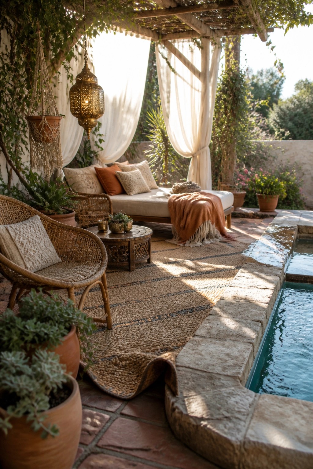 A wooden pergola with white sheer curtains shades a daybed and wicker seating area beside a stone-edged pool.