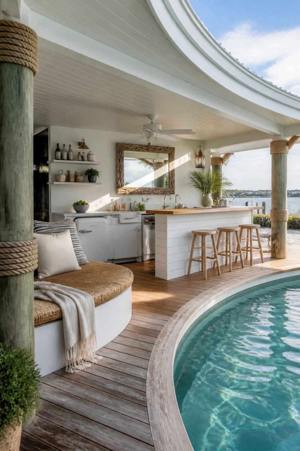 A white curved outdoor bar with wooden stools sits beside a swimming pool on a wooden deck, next to a round built-in bench and rope-wrapped posts.