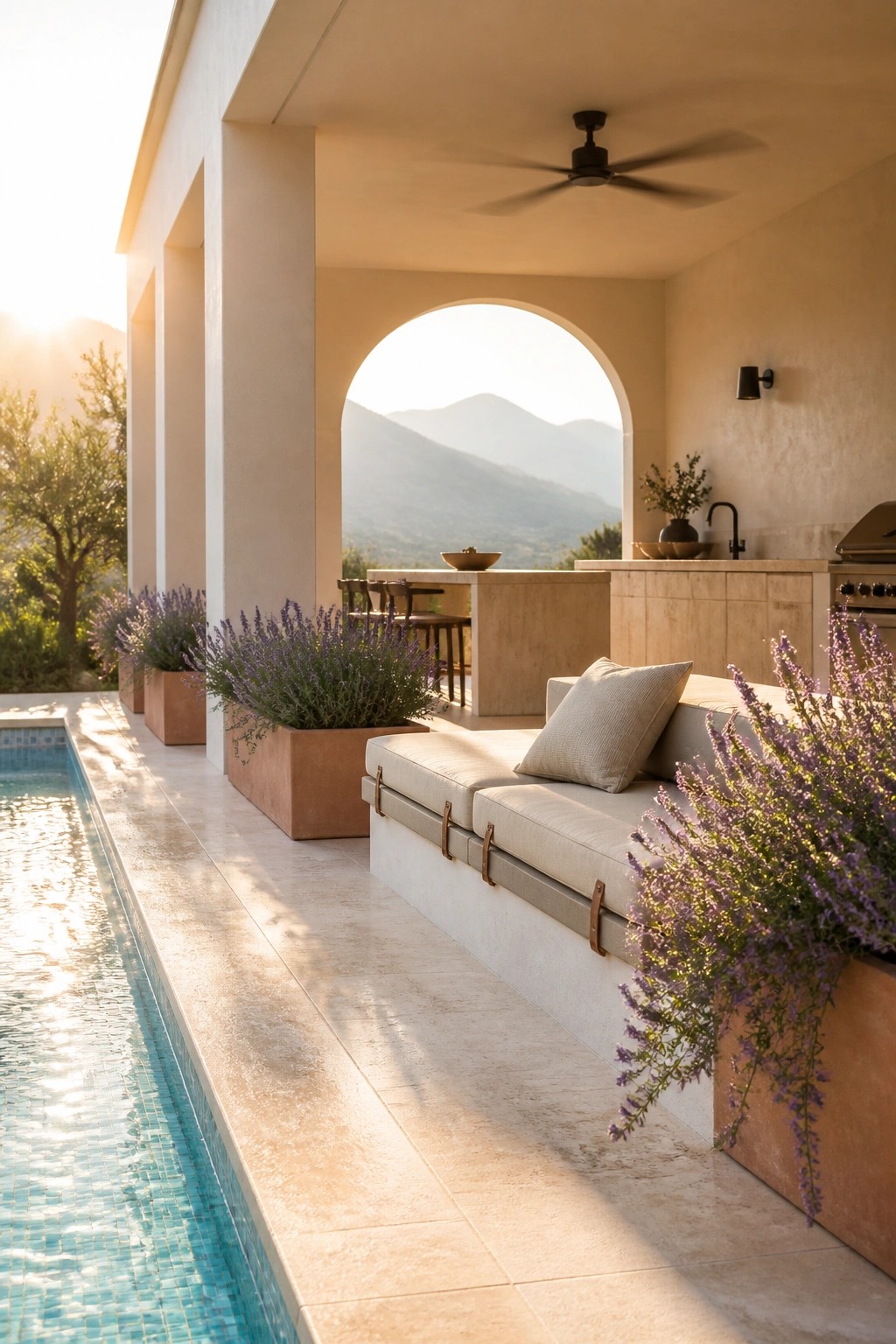 An outdoor covered patio with a long built-in bench beside a swimming pool, terracotta planters filled with lavender, and a kitchen bar area in the background.