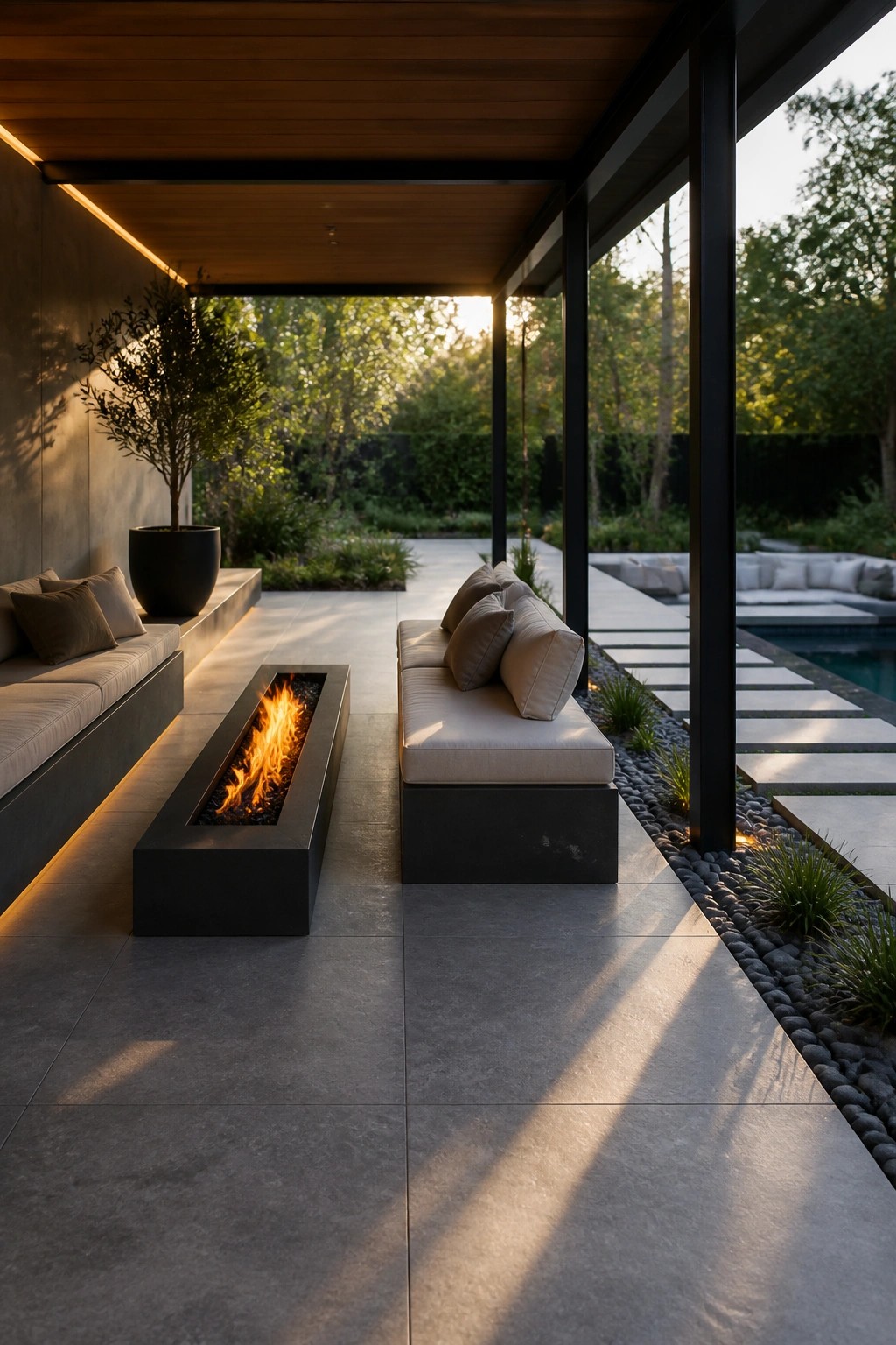 A covered outdoor patio with a long rectangular fire pit centered between two built-in benches, a pool visible in the background.