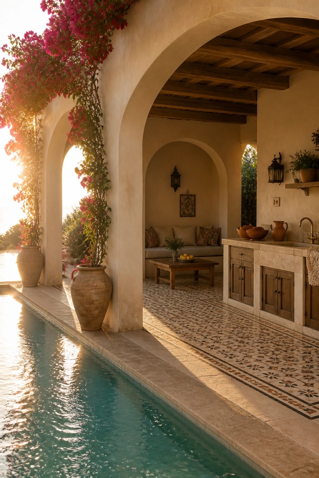 A covered outdoor area with multiple arches sits beside a swimming pool, showing a built-in seating nook, a wooden coffee table, and a stone counter with a sink.