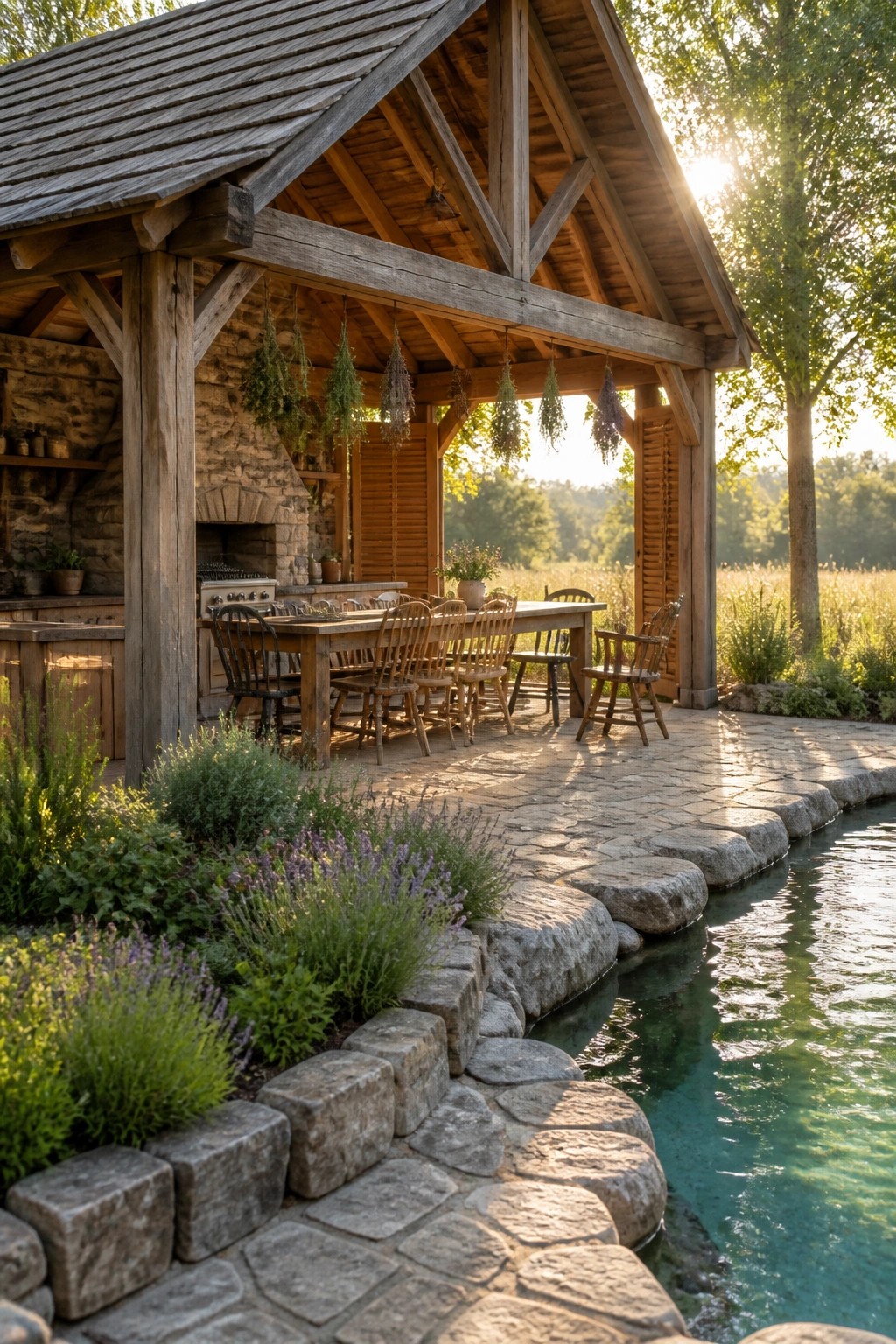 A rustic wooden pool house with a covered dining table positioned beside a stone-edged pool and garden plantings.