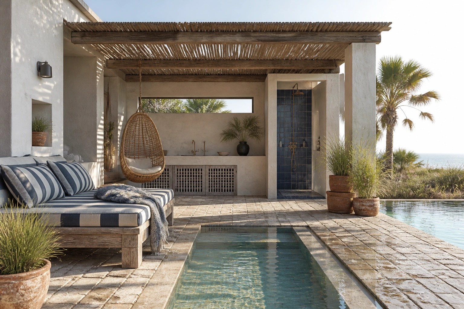 An outdoor poolside space with a wooden slatted ceiling, hanging wicker chair, built-in daybed, blue tiled shower, and potted plants on a stone floor next to a swimming pool.