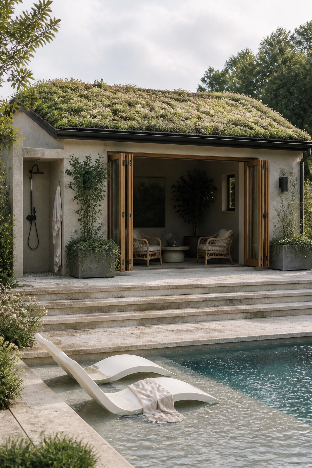 A pool house with a green roof and large wooden folding doors open to a stone patio beside a swimming pool, with two lounge chairs partially submerged in the water.