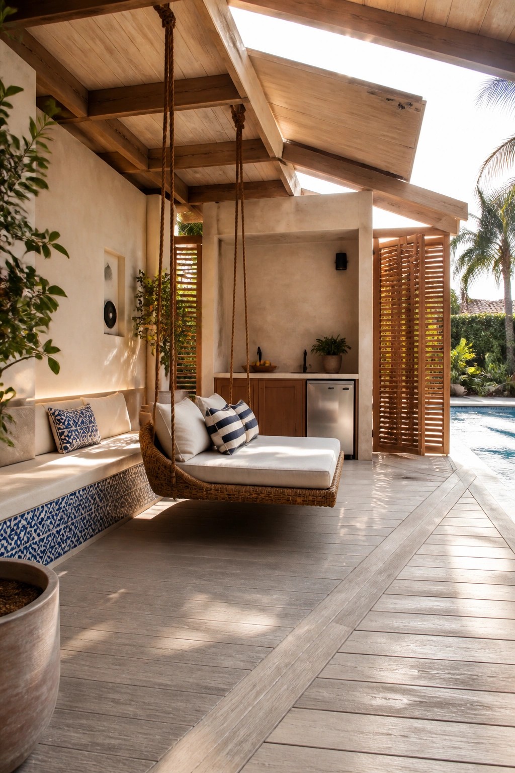 A woven hanging daybed with white and striped cushions suspended from wooden beams on a covered poolside deck next to an outdoor kitchen.