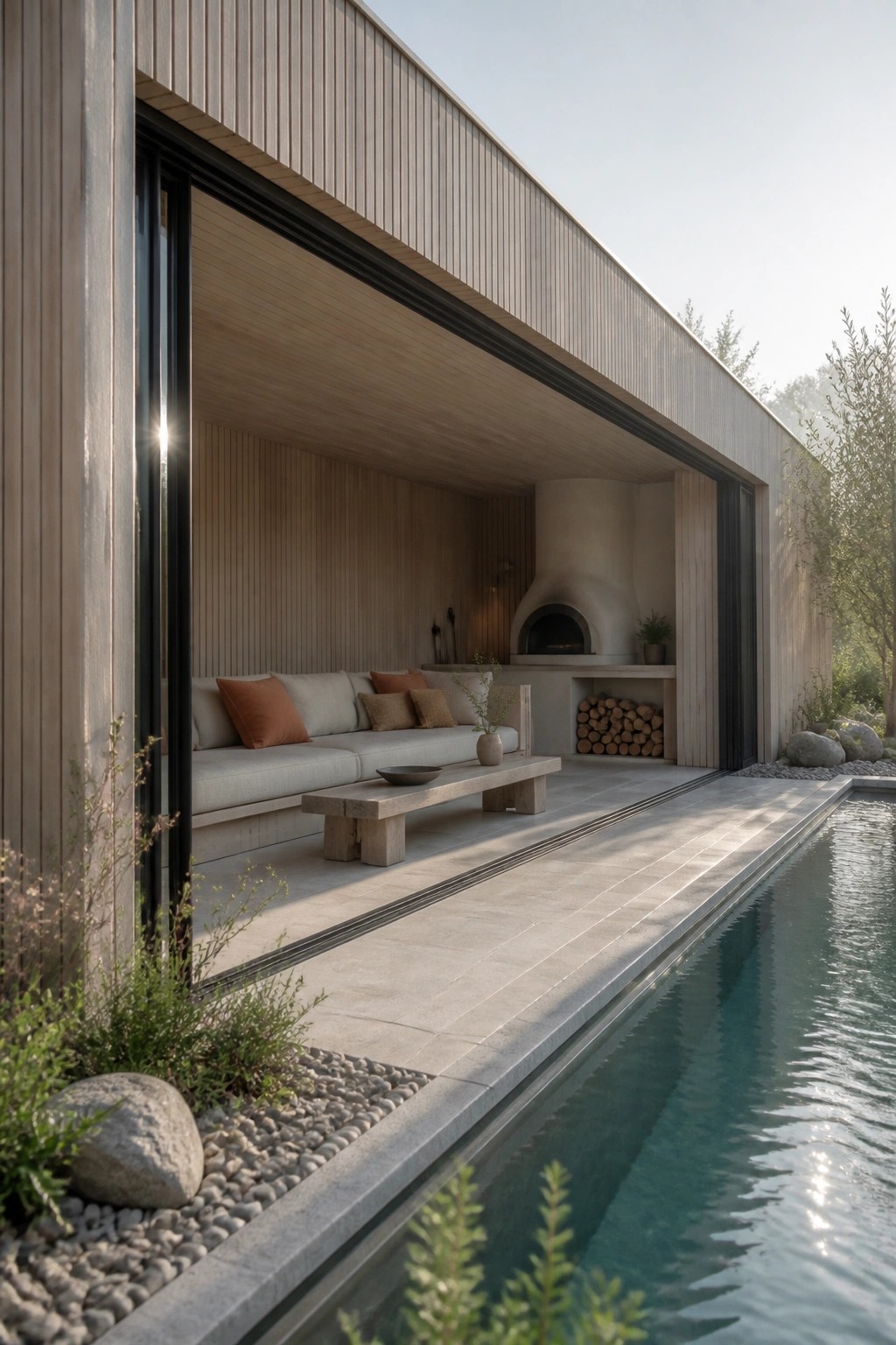 A modern pool house with large sliding glass doors open to a covered seating area beside a swimming pool.