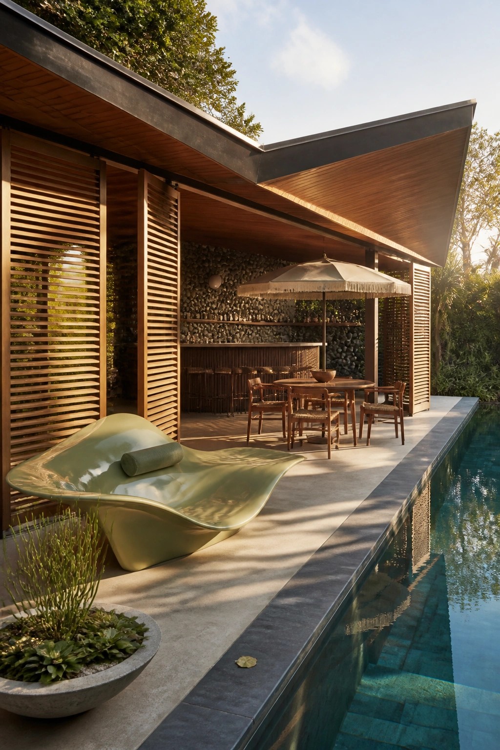 A poolside structure with wooden louvered screens, built-in bar, dining table, and lounge chair next to a swimming pool.