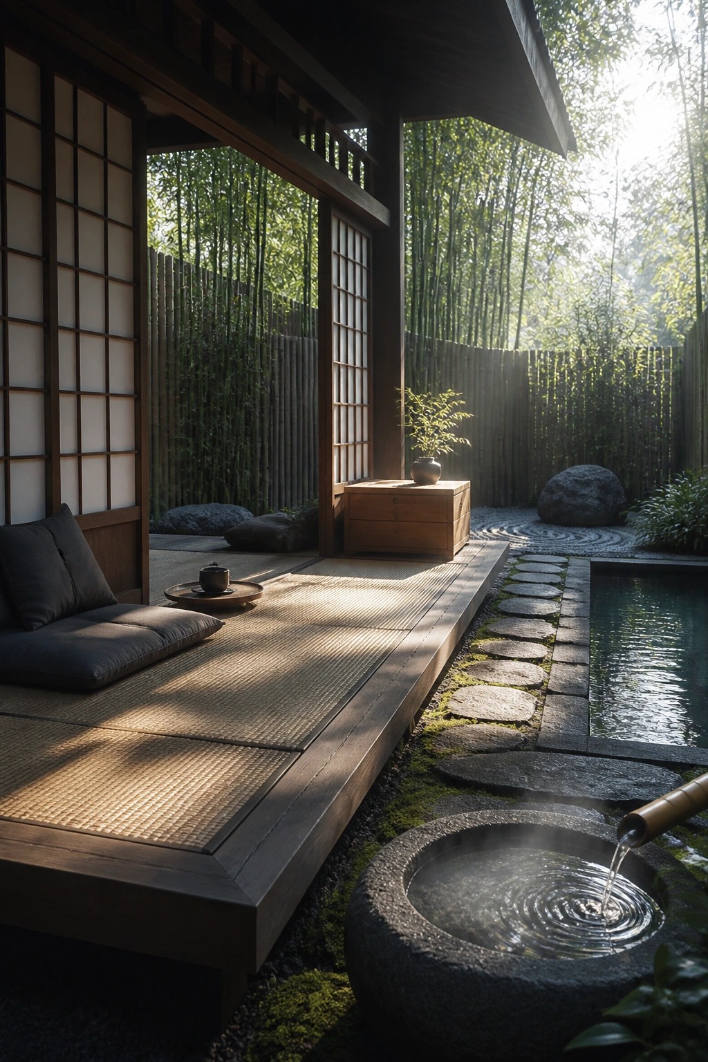 A wooden deck with tatami mats and cushions sits beside a stone water basin and a pool, with bamboo and rocks in the background.