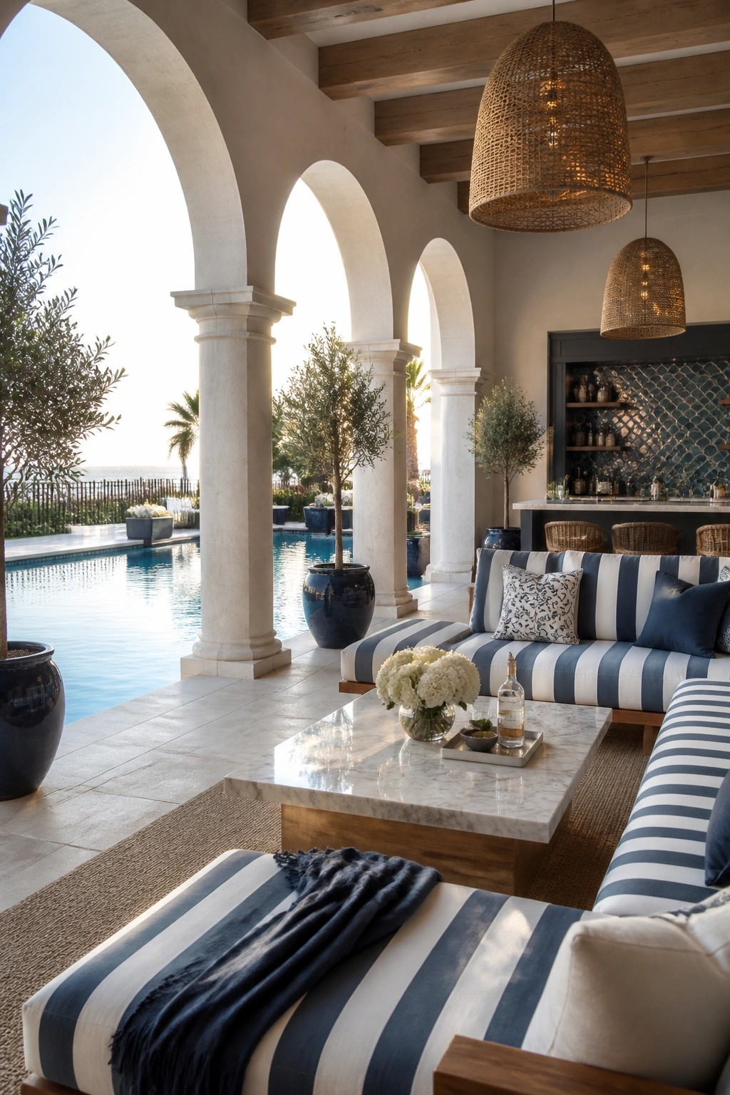 A covered outdoor lounge with blue and white striped sofas, a marble coffee table, woven pendant lights, and multiple large arches opening to a swimming pool.