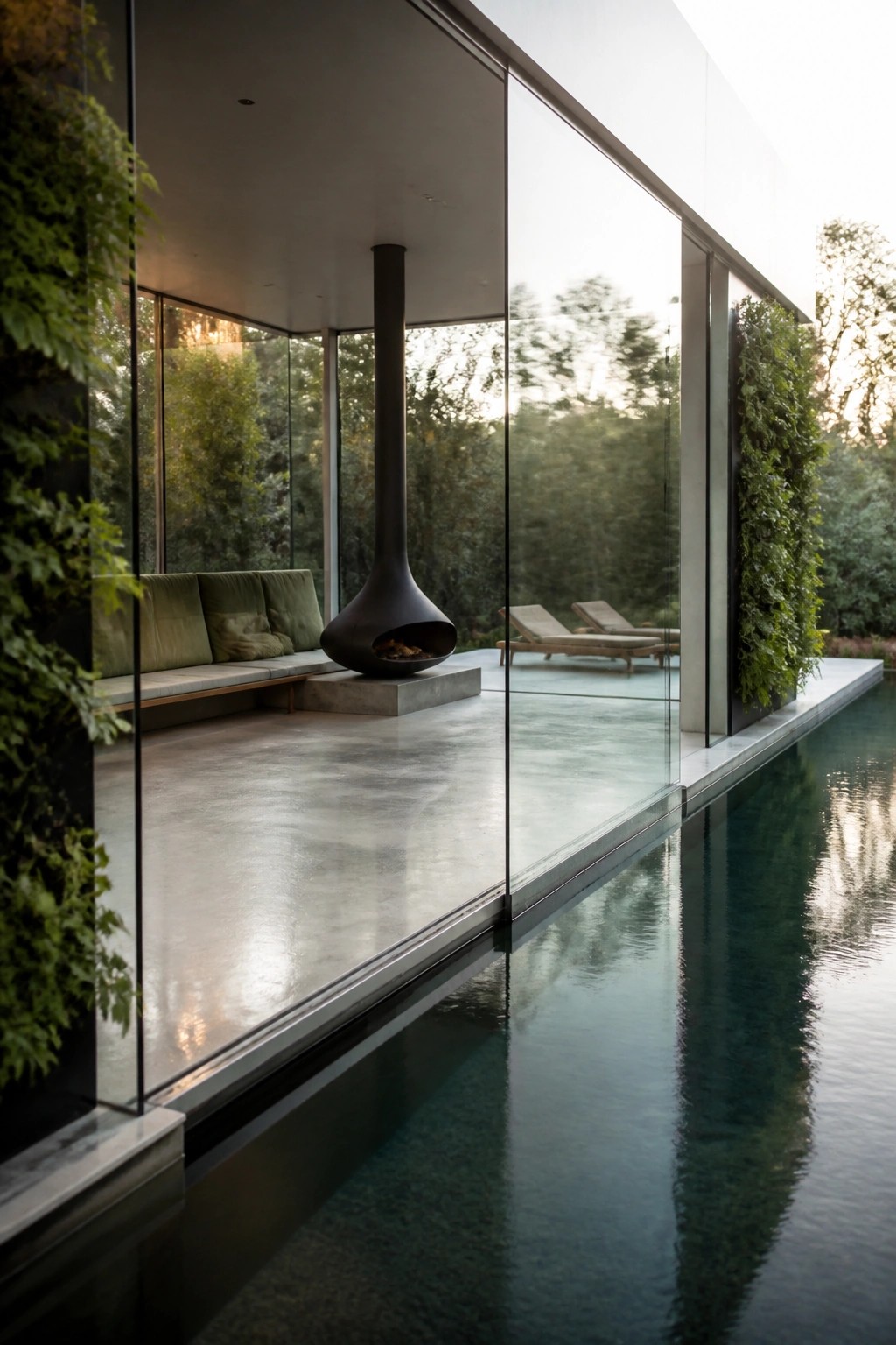 A modern poolside structure with floor-to-ceiling glass walls, a suspended black fireplace, built-in green seating, and a long rectangular pool running directly alongside the concrete deck.