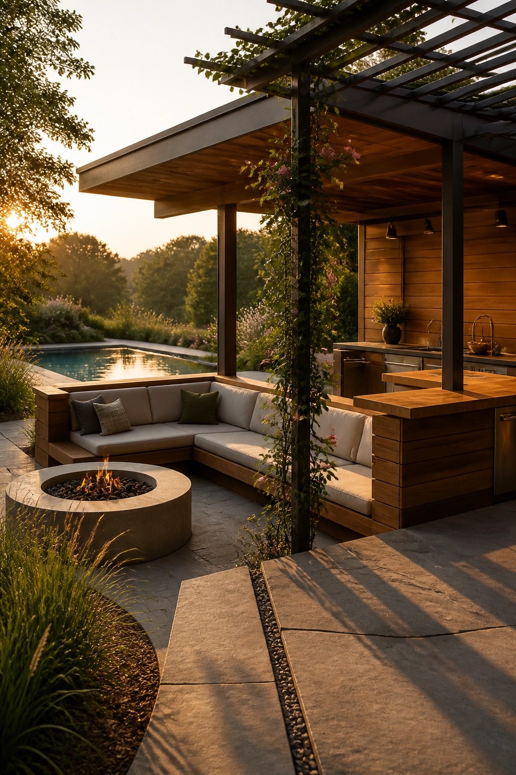 Modern wooden patio with pergola, sectional sofa, fire pit, and pool at sunset