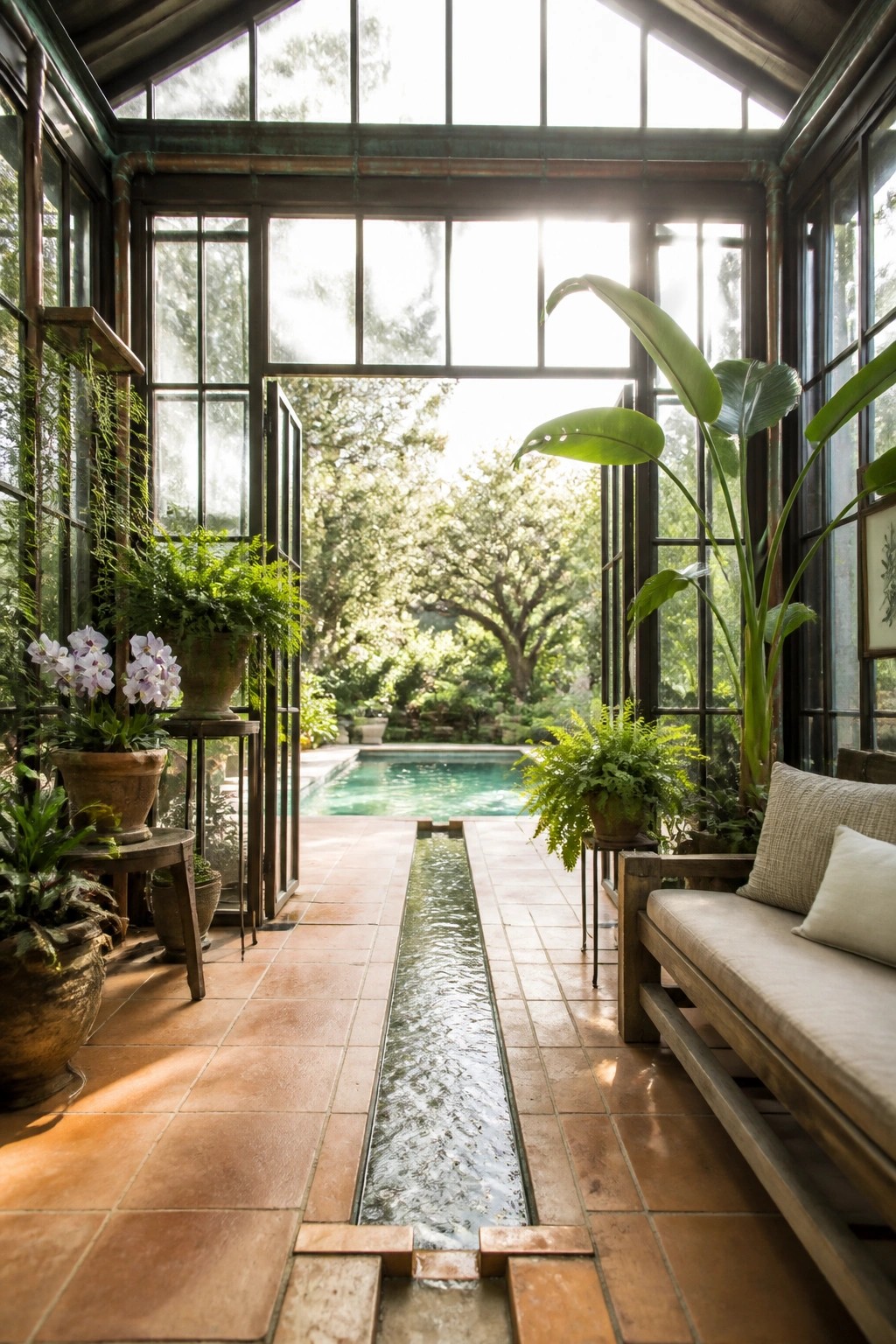 Sunlit greenhouse interior with terracotta tiles, water channel, plants, and open doors to pool