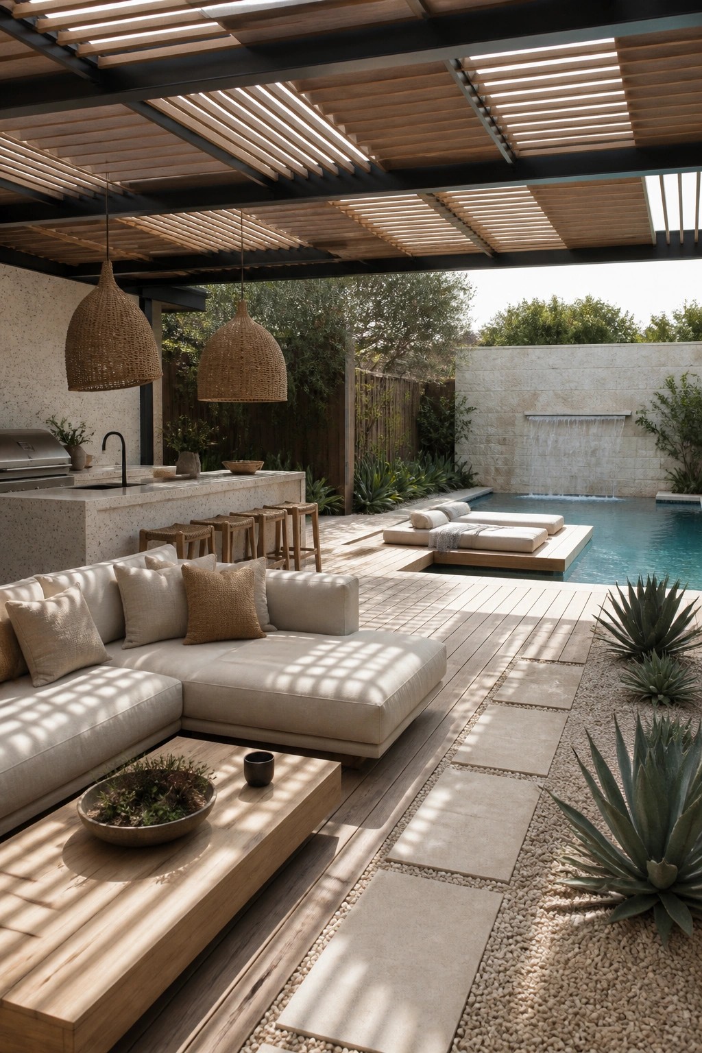 An outdoor living area with a slatted wooden roof, sectional sofa, coffee table, outdoor kitchen, hanging woven lights, and a pool with lounge chairs.