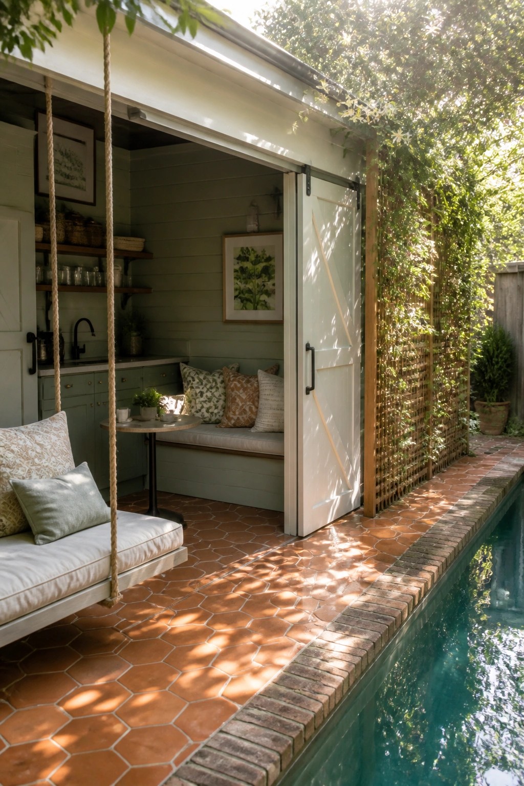 A light green pool house with open sliding barn doors next to a brick-edged pool, showing a hanging bench, small table, and built-in seating inside.