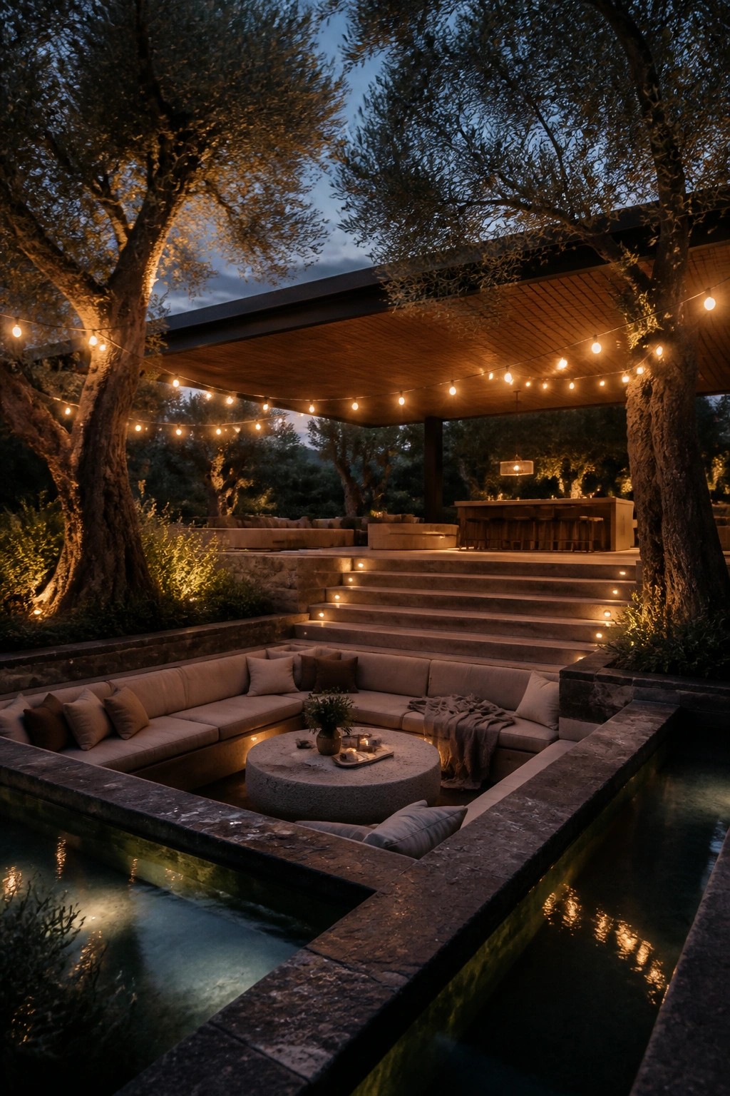 A covered outdoor area with built-in sectional seating set into a stone edge directly beside a narrow pool, round concrete table in the center, and string lights overhead.